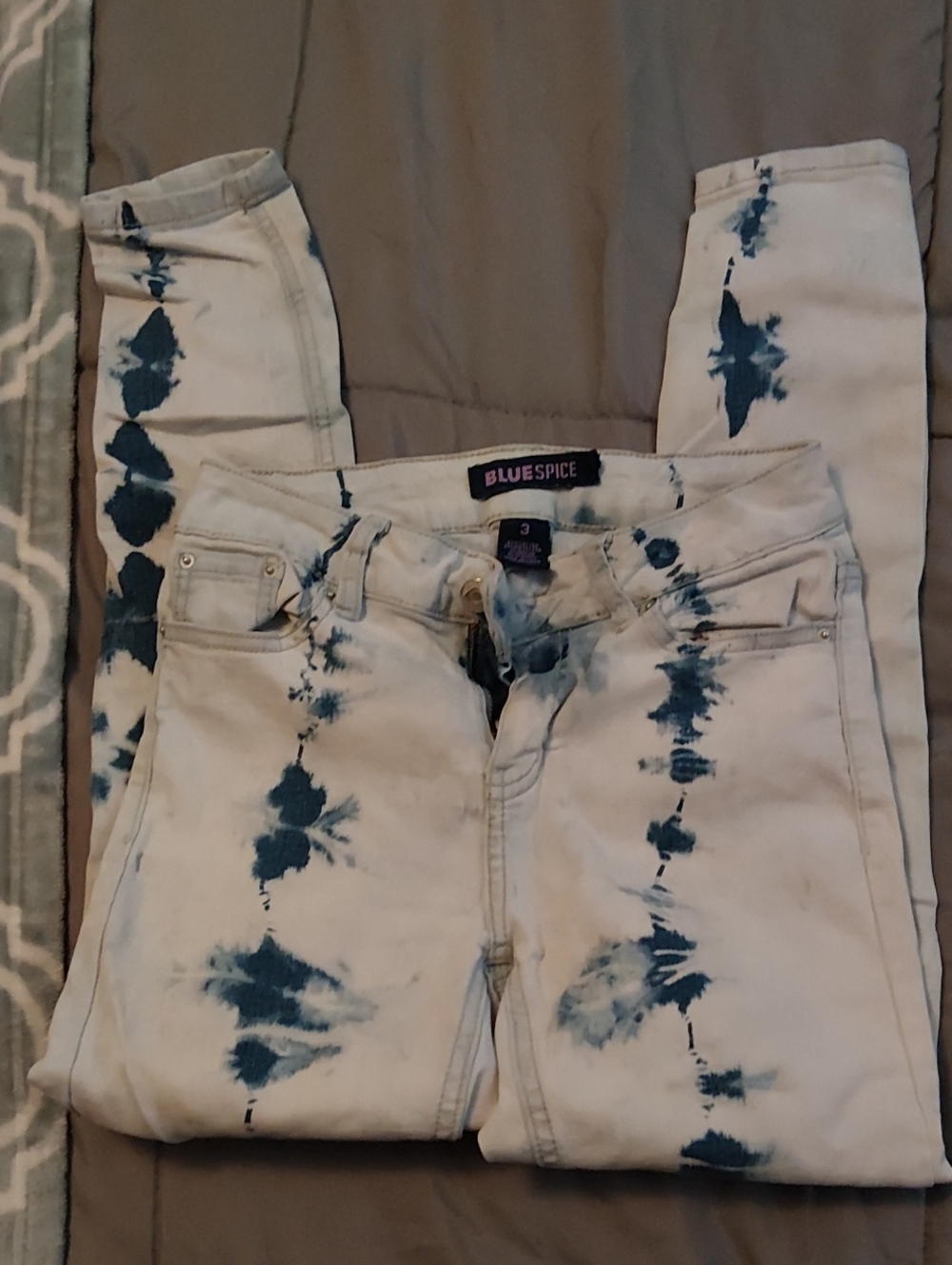 Blue Spice White Jeans with Navy Tie-Dye Accents